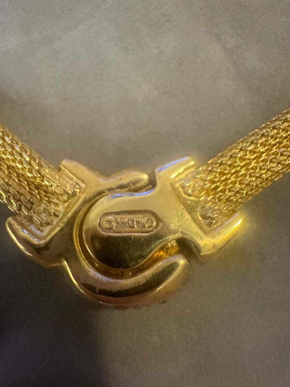 Vintage Christian Dior Gold Tone Mesh Choker Necklace with Rhinestone Centerpiec - Picture 5 of 7